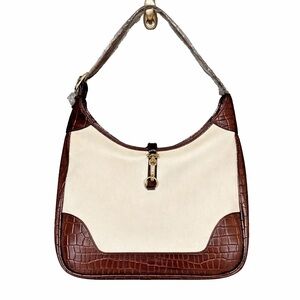 Yukiko Hanai Brown Croc Trim Canvas Shoulder Bag – Cream, Large, Y2K Style NWOT